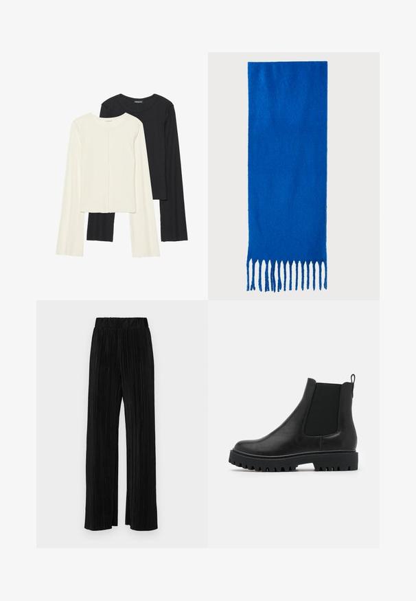Zestaw dwóch bluzek z długim rękawem w kolorze białym i czarnym. Prążkowana struktura, okrągły dekolt, dopasowany fason z lekko rozszerzanymi rękawami.; Czarne spodnie plisowane z elastycznym paskiem w talii. Posiadają szerokie nogawki oraz gładki, teksturowany materiał z pionowymi paskami.; Czarne skórzane botki Chelsea z elastycznymi panelami bocznymi, pętelką do zakładania oraz solidną, grubą podeszwą z głębokimi rowkami dla lepszej przyczepności.; Niebieski szalik z frędzlami wykonany z miękkiego materiału; ma jednolity kolor z teksturowaną powierzchnią i równomiernie przyciętymi frędzlami na dole.; Czarna skórzana torba tote o gładkiej fakturze, prostokątnym kształcie i dwóch długich uchwytach. Brak widocznych elementów metalowych i ozdób.