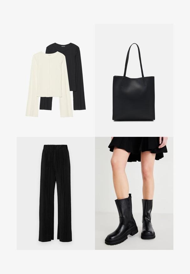 Sett med to langermede topper i hvit og svart. Ribbete tekstur, rund hals, tettsittende design med lett utsvingte ermer.; Sorte plisserte bukser med elastisk midje. Har vide ben og et glatt, strukturert stoff med vertikale striper.; Sorte ankelstøvler i sort lær med en kraftig sål, der har en glat overflade, sidesyninger og en strop øverst for nem påtagning.; Svart lær tote bag med glatt tekstur, rektangulær form og to lange håndtak. Ingen synlige deler eller dekorasjoner.