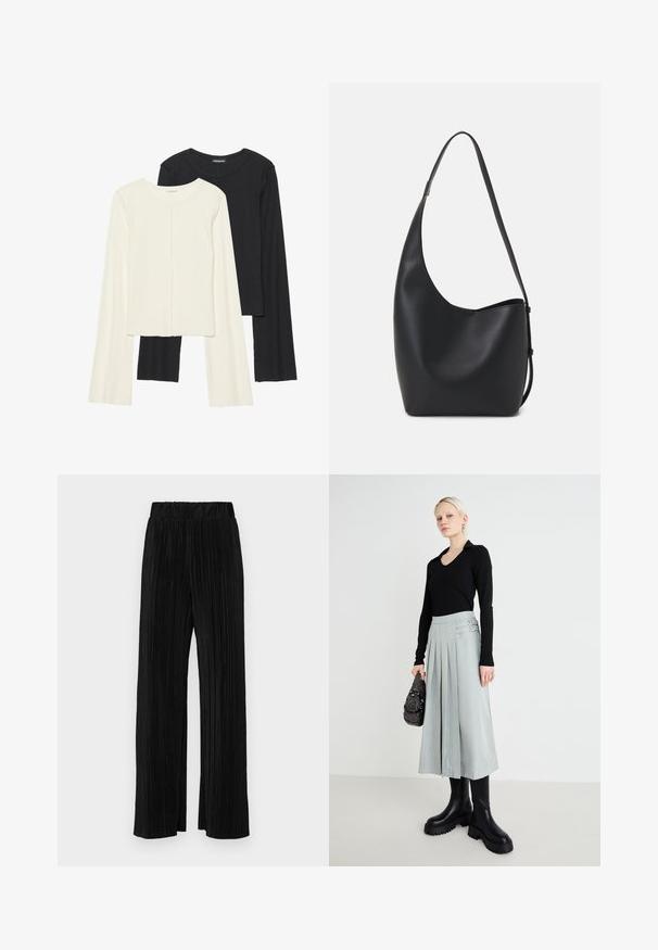 Set od dvije duge majice s dugim rukavima u bijeloj i crnoj boji. Rebrasta tekstura, okrugli izrez, uski kroj s blago raširenim rukavima.; Crne plisirane hlače s elastičnim pojasom. Imaju široke nogavice i glatku, teksturiranu tkaninu s vertikalnim prugama.; Crna majica dugih rukava, svijetlosiva plisirana suknja s detaljima dvostrukog kopčanja i crne čizme s debelim đonom; srebrna torba s ukrasima.; Crna kožna hobo torba s glatkom teksturom, zakrivljenim oblikom i jednom podesivom trakicom; ima širok otvor na vrhu.