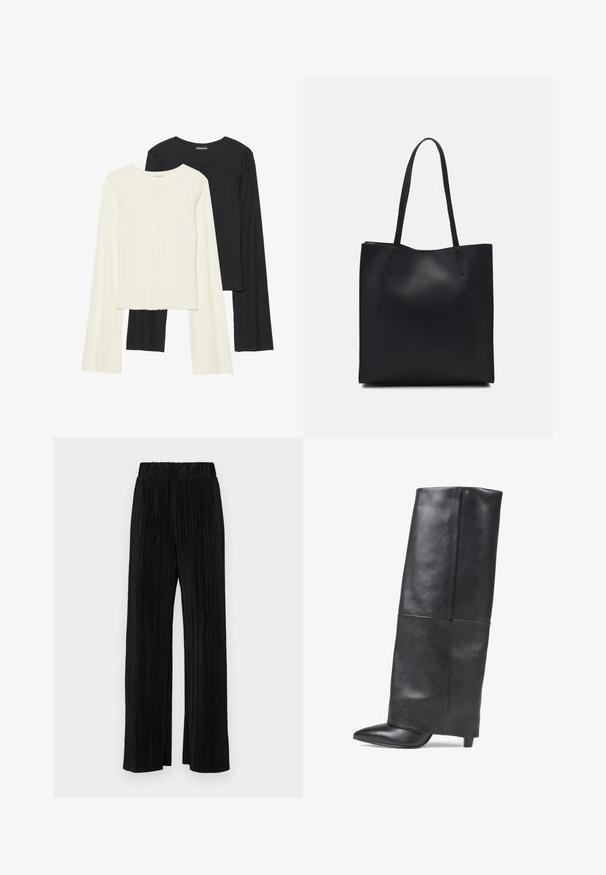 Set od dvije duge majice s dugim rukavima u bijeloj i crnoj boji. Rebrasta tekstura, okrugli izrez, uski kroj s blago raširenim rukavima.; Crne plisirane hlače s elastičnim pojasom. Imaju široke nogavice i glatku, teksturiranu tkaninu s vertikalnim prugama.; Bronx JADEY - Čizme - black; Crna kožna torba za nošenje s glatkom teksturom, pravokutnim oblikom i dvije duge ručke. Nema vidljivih metalnih dijelova ili ukrasa.
