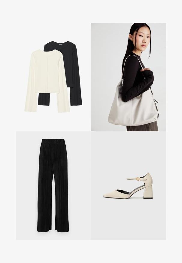 Set di due maglie a maniche lunghe, bianche e nere. Texture a coste, scollo tondo, design aderente con maniche leggermente svasate.; Pantaloni neri a plissé con vita elasticizzata. Presentano gamba ampia e un tessuto liscio e texture con strisce verticali.; Scarpe con tacco a blocco in finta pelle beige, con punta appuntita, cinturino alla caviglia e dettagli in sottile texture coccodrillo. Fodera interna nera.; Borsa a mano beige realizzata in materiale morbido, caratterizzata da un design morbido, dettagli cuciti e due manici. Adatta per l'uso quotidiano.