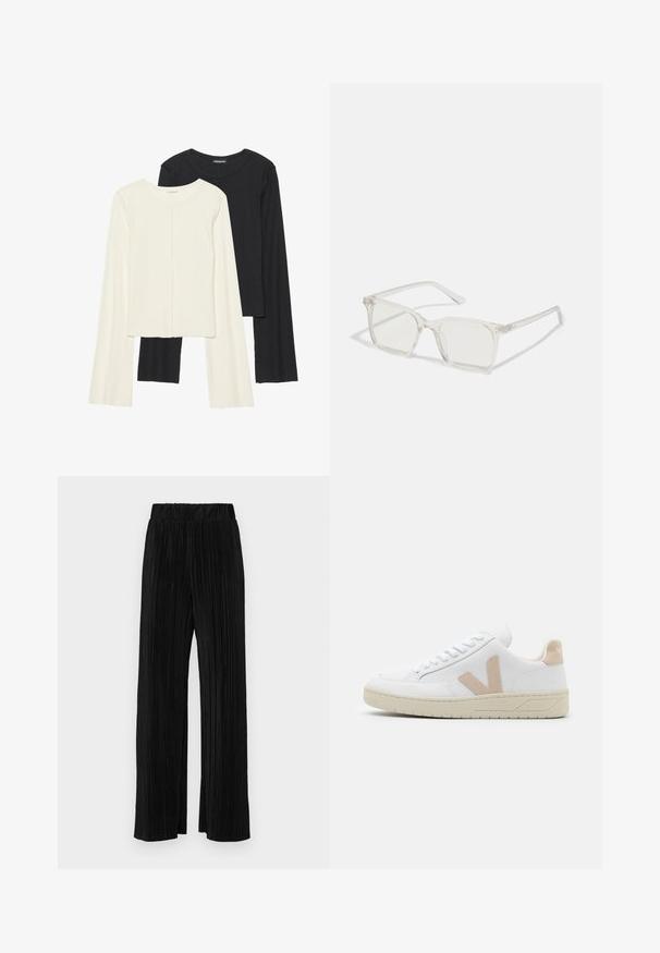 Sett med to langermede topper i hvit og svart. Ribbete tekstur, rund hals, tettsittende design med lett utsvingte ermer.; Sorte plisserte bukser med elastisk midje. Har vide ben og et glatt, strukturert stoff med vertikale striper.; Hvit sneakers med beige suedeforsterkning, rund tå og hvite lisser. Teksturet gummisåle og logo-detalj på hælen.; Klare plastiske briller med kvadratisk innfatning og gjennomsiktige linser, med gullfiner på brillestengene for ekstra detalj.; Svart tote-veske laget av glatt lær, med en buet, åpen topp og to skulderstropper, samt et minimalistisk design.