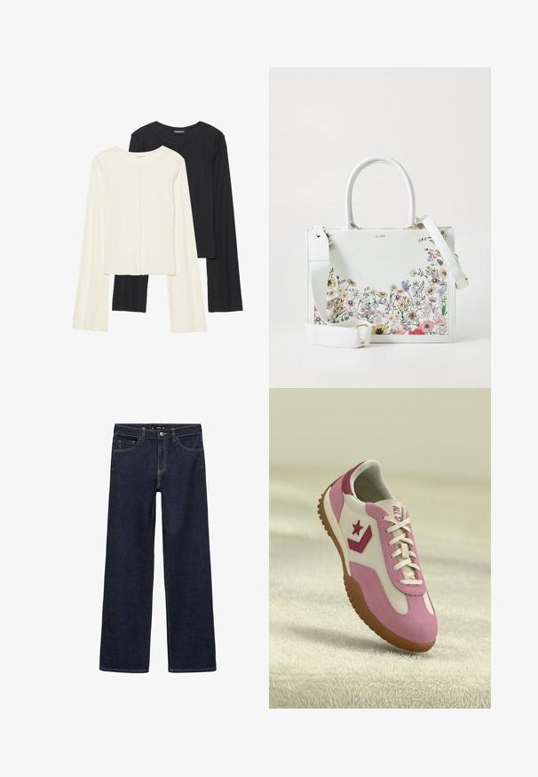 Set di due maglie a maniche lunghe, bianche e nere. Texture a coste, scollo tondo, design aderente con maniche leggermente svasate.; Jeans in denim scuro con vestibilità rilassata. Presentano vita alta, cinque tasche e cuciture a contrasto. Design a gamba dritta, senza decorazioni.; Sneaker rosa e bianca con suola in gomma e texture. Presenta un logo a stella e accenti in contrasto. Parte superiore liscia con dettagli dei lacci.; Borsa in finta pelle bianca con un design floreale stampato nella parte inferiore, doppi manici superiori e una tracolla regolabile.; Collana nera a più fili con corde intrecciate e accenti dorati, che crea un design a strati con lunghezze e trame diverse.