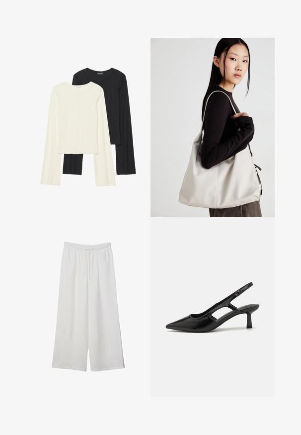 Zestaw dwóch bluzek z długim rękawem w kolorze białym i czarnym. Prążkowana struktura, okrągły dekolt, dopasowany fason z lekko rozszerzanymi rękawami.; Białe szerokie spodnie wykonane z lekkiego materiału, z elastyczną talią i sznurkiem do regulacji fasonu. Gładka tekstura.; Czarne buty na obcasie z odkrytymi piętami, z wąskim czubkiem, wykonane z błyszczącego materiału, z wycięciami i umiarkowanym obcasem dla wsparcia.; Beżowa torebka wykonana z miękkiego materiału, charakteryzująca się luźnym fasonem, wyszywanymi detalami i dwoma uchwytami na ramię. Idealna na co dzień.