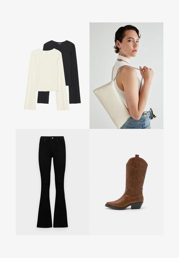 Zestaw dwóch bluzek z długim rękawem w kolorze białym i czarnym. Prążkowana struktura, okrągły dekolt, dopasowany fason z lekko rozszerzanymi rękawami.; Czarne, wysokie dżinsy z guzikem i zamkiem błyskawicznym, z przednimi kieszeniami i rozszerzanymi nogawkami, leżące płasko na białym tle.; ONLY SHOES BRONCO brązowy; Biała prostokątna kopertówka wykonana z błyszczącego materiału, z srebrnym łańcuszkiem. Modelka pozuje, prezentując torebkę na jednolitym tle.