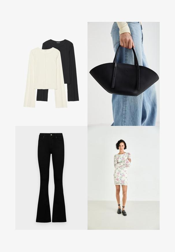 Set med två långärmade toppar i vitt och svart. Ribbade texturer, rund hals, figurnära design med något utställda ärmar.; Svarta högmidjade jeans med knäppning och dragkedja, frontfickor och utsvängda ben, liggande platt på en vit bakgrund.; Blommig spets mini klänning med långa ärmar, med rosa och blå mönster på en krämfärgad bakgrund. Svarta loafers med nitar och ankelsnören.; Svart läderhandväska med en unik fläktform, som har platta handtag. Ytan har en pebblad textur och en minimalistisk design.