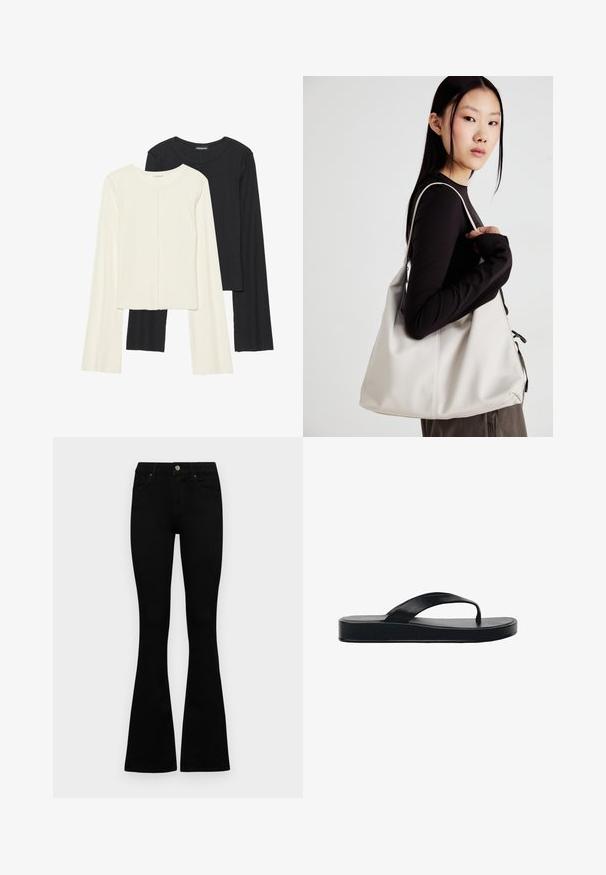 Set de două bluze cu mâneci lungi, una albă și una neagră. Textură ribbată, decolteu rotund, design ajustat cu mâneci ușor evazate.; Jeans negri cu talie înaltă, cu închidere prin nasture și fermoar, buzunare frontale și picioare evazate, așezați pe un fundal alb.; Sandale flip-flop negre cu talpă plată, curea din cauciuc netedă și design minimalist. Ușoare, cu o formă aerodinamică.; Geantă bej din material moale, cu un design lejer, detalii cusute și două bretele pentru umăr. Potrivită pentru utilizarea zilnică.