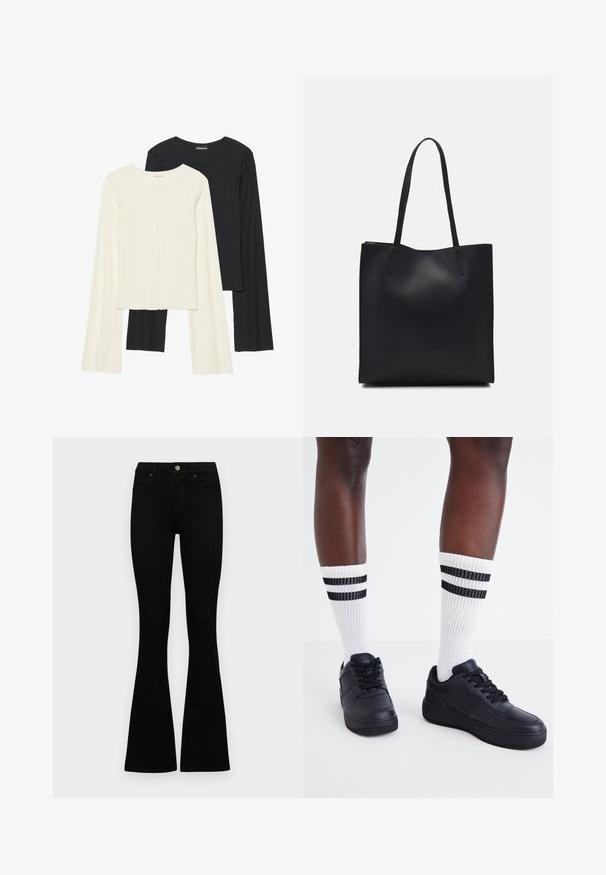 Conjunto de dos camisetas de manga larga en blanco y negro. Textura acanalada, cuello redondo, diseño ajustado con mangas ligeramente acampanadas.; Jeans negros de cintura alta con cierre de botón y cremallera, bolsillos frontales y piernas acampanadas, dispuestos sobre un fondo blanco.; Zapatillas negras de cuero con un acabado texturizado, combinadas con calcetines blancos de canalé que tienen rayas negras cerca de la parte superior.; Bolso tote de cuero negro con textura lisa, forma rectangular y dos asas largas. Sin herrajes ni adornos visibles.