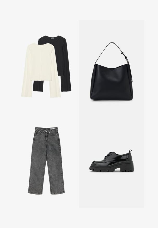 Ensemble de deux hauts à manches longues en blanc et noir. Texture côtelée, col rond, design ajusté avec des manches légèrement évasées.; Jean droit taille haute noir délavé avec poches avant, passants de ceinture, fermeture à bouton et étiquette de marque à l'intérieur de la ceinture.; Chaussures en cuir patiné noir avec une semelle épaisse et chunky, dotées de lacets épais. Embout arrondi, détails minimaux et un petit tirant à l'arrière.; Sac hobo en cuir noir avec une seule bandoulière, texture lisse, haut effilé et design minimaliste sans matériel visible.