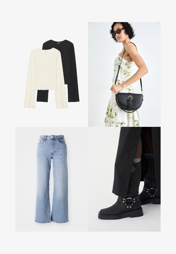 Souprava dvou dlouhých rukávů v bílé a černé barvě. Hladká textura, kulatý výstřih, upnutý střih s mírně rozšířenými rukávy.; Světle modré kalhoty s vysokým pasem a širokými nohavicemi, s předními a zadními kapsami, zapínáním na knoflík a jemným zesvětlením na stehnech a lemech.; Černé kotníkové boty vyrobené z kůže s matným povrchem, čtveratou špičkou a dekorativními sponami. Podešev je robustní a texturovaná.; Černá kožená kabelka s křivkovým tvarem, odnímatelným popruhem a zlatými detaily. Kabelka má klopu s přezkou.