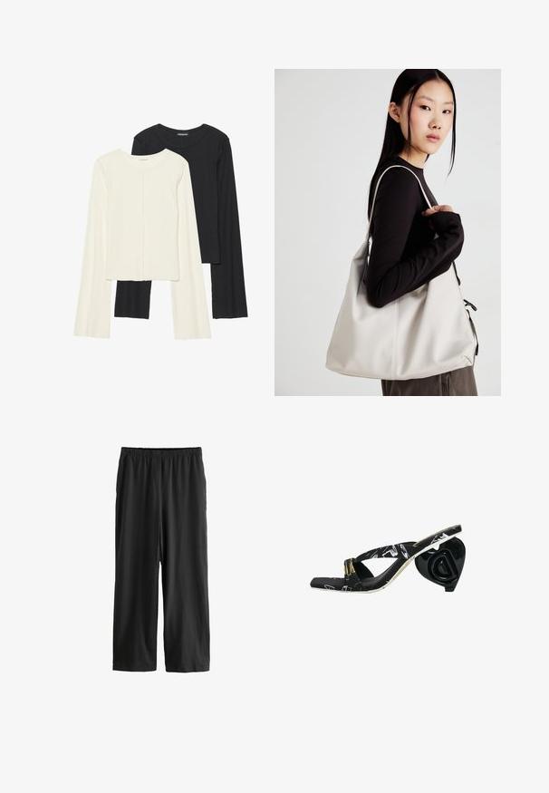 Set de două bluze cu mâneci lungi, una albă și una neagră. Textură ribbată, decolteu rotund, design ajustat cu mâneci ușor evazate.; Pantaloni negri, până la genunchi, dintr-un material ușor. Brâu elastic și textură netedă, cu un design drept. Fără detalii sau modele vizibile.; Flip-flopuri negre cu curele încrucișate, parte superioară cu model și un toc sculptural de formă inimă, negru, cu detalii ale logo-ului.; Geantă bej din material moale, cu un design lejer, detalii cusute și două bretele pentru umăr. Potrivită pentru utilizarea zilnică.