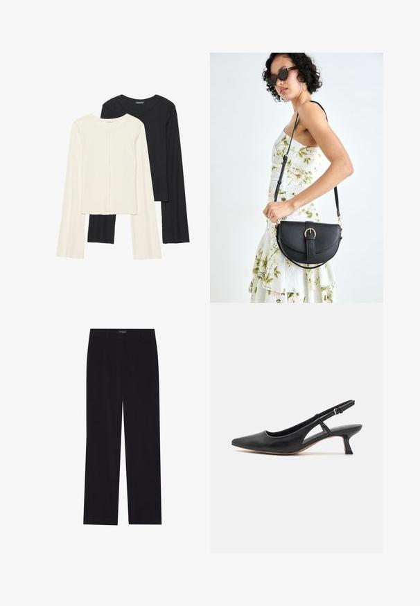 Sæt med to langærmede toppe i hvid og sort. Ribbet tekstur, rund halsudskæring, tætsiddende design med let udvidede ærmer.; Sorte fløjl bukser med lige snit, der har en flad talje og ingen synlige lommer, glat tekstur og lodrette ribbede detaljer.; Sort læder slingback-sko med spidse tæer, lav blokhæle, udskårne sidedele og justerbar ankelrem. Glat tekstur hele vejen igennem.; Sort læderhåndtaske med en buet form, aftagelig rem og guldfinish. Tasken har en klap med en spænde detalje.