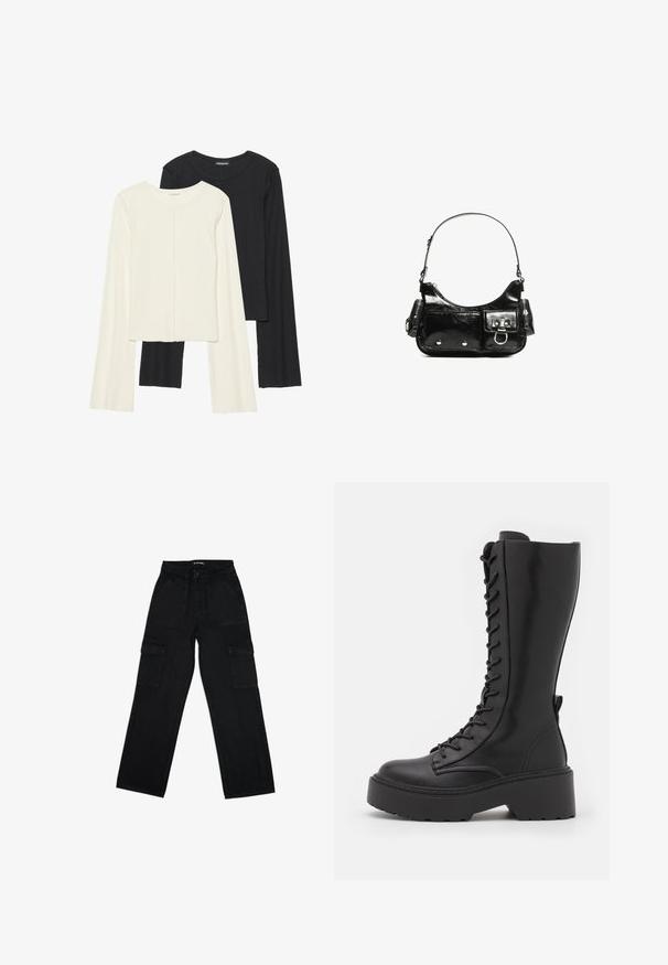 Zestaw dwóch bluzek z długim rękawem w kolorze białym i czarnym. Prążkowana struktura, okrągły dekolt, dopasowany fason z lekko rozszerzanymi rękawami.; Czarne spodnie cargo z denimu, charakteryzujące się wysokim stanem, sznurkiem w pasie, szerokimi nogawkami oraz wieloma bocznymi kieszeniami funkcjonalnymi.; Czarne kozaki do kolan na sznurowadła z grubą podeszwą, gładka skóra i wzmocnione szwy wzdłuż szwów.; Czarna torebka z lakierowanej skóry o zaokrąglonym kształcie, z jednym paskiem na ramię, przednimi kieszeniami i akcentami w kolorze srebrnym.