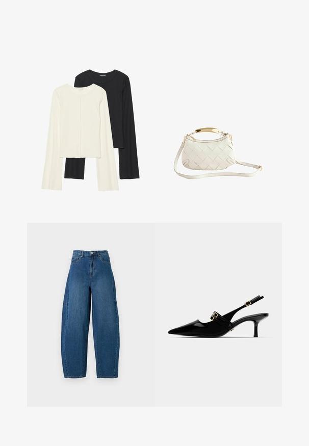 Divu garo piedurkņu tops komplekts baltā un melnā krāsā. Ribota tekstūra, apaļš kakls, pieguļoša dizaina ar nedaudz izplestām piedurknēm.; Denim bikses vidējā zilā krāsā ar augstu jostasvietu, platām kājām un standarta piecu kabatu dizainu ar redzamām šuvju detaļām.; Melna patentēta ādas siksna ar papēžiem ar norādītu purngalu, ar divām zeltītām sprādzēm un slaidu stiletto papēdi.; Balta austs ādas soma ar zelta toņa rokturi, noņemamu plecu siksnu un noapaļotu pamatni. Mājas augšdaļa ar rāvējslēdzēja aizdari.