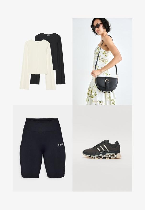 Set aus zwei Langarmoberteilen in Weiß und Schwarz. Rippstruktur, Rundhalsausschnitt, figurbetontes Design mit leicht ausgestellten Ärmeln.; Schwarze Radshorts aus dehnbarem Material mit hohem Bund. Verfügt über ein kleines weißes Logo auf dem linken Oberschenkel und eine glatte Textur.; Schwarzer Sportschuh mit einer strukturierten Oberseite, drei silbernen Streifen und einer markanten Dämpfungssohle mit mehreren integrierten Sektionen.; Schwarze Lederhandtasche mit geschwungener Form, abnehmbarem Tragegurt und goldenen Beschlägen. Die Tasche verfügt über einen Deckel mit einer Schnallen-Details.