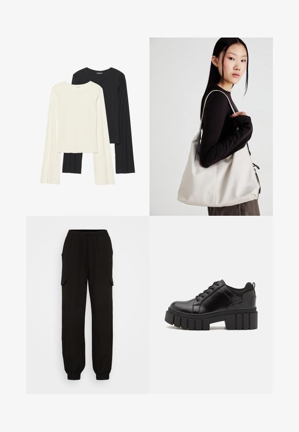 Nabor dveh dolgih rokavov v beli in črni barvi. Žameten vzorec, okrogla ovratnica, prilegajoča zasnova z rahlo razširjenimi rokavi.; Črne cargo hlače z udobnim krojem, ki imajo elastičen pas, sistem z vrvico in stranske žepe. Narejene so iz lahke tkanine.; Črne usnjene platforme z debelim blokastim petam, okroglo konico in klasičnim vezanjem. Imajo gladko teksturo in minimalne podrobnosti.; Bežna torbica iz mehkega materiala, z ohlapno zasnovo, šivi in dvema naramnicama. Primerna za vsakodnevno uporabo.
