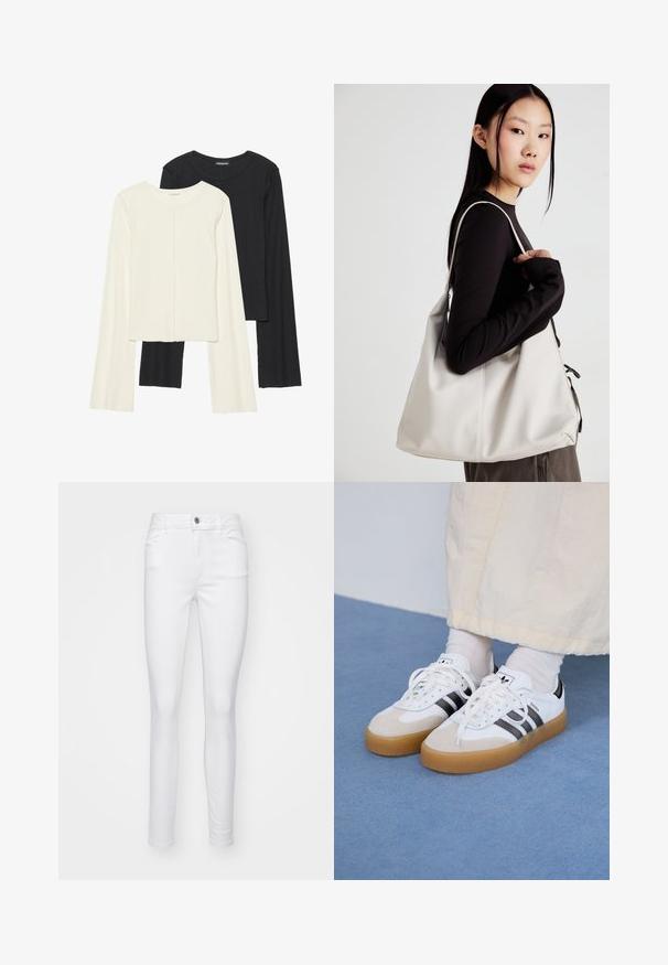 Conjunto de duas blusas de manga longa em branco e preto. Textura canelada, decote redondo, design ajustado com mangas ligeiramente evasê.; Jeans brancos ajustados feitos de denim, apresentando um fecho frontal com botão, cinco bolsos e uma textura suave ao longo do tecido.; Ténis brancos com riscas pretas e detalhes em camurça bege. Apresentam uma sola de borracha texturizada e atacadores brancos lisos, usados com meias de tom claro.; Uma bolsa bege feita de material macio, com um design descontraído, detalhes de costura e duas alças para o ombro. Adequada para uso diário.