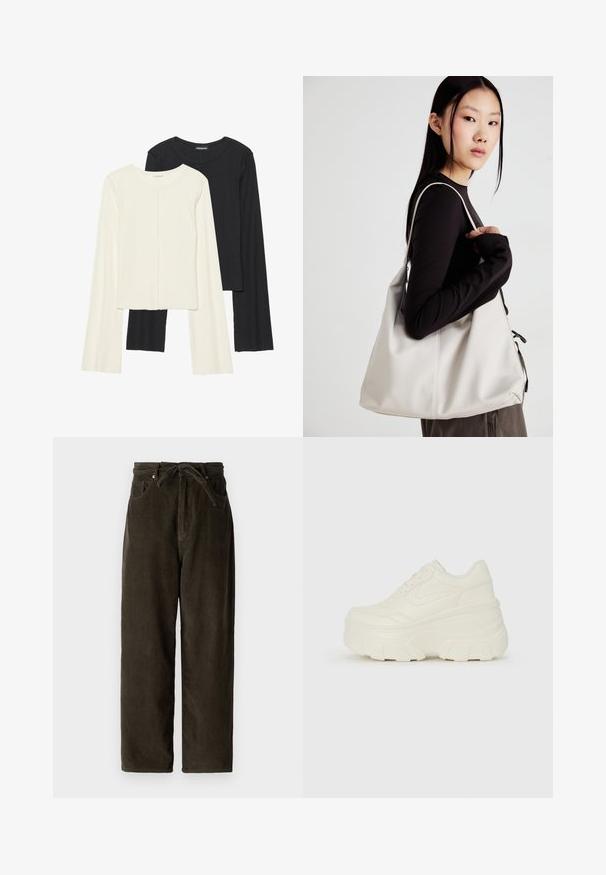 Két darabból álló hosszú ujjú felsők szettje fehér és fekete színben. Bordás textúra, kerek nyakkivágás, testhez simuló fazon, enyhén bővülő ujjakkal.; Sötétzöld kordbársony nadrág széles szárral, húzózsinóros derékkal, két elülső zsebbe és puha, texturált anyaggal.; Fehér platform sportcipők, sima bőrszerű felsőrésszel, kerek formával, párnázott bokával és texturált gumitalppal, jól definiált mintázattal.; Puha anyagból készült bézs kézitáska, laza dizájnnal, varrott részletekkel és két vállpánttal. Mindennapi használatra alkalmas.