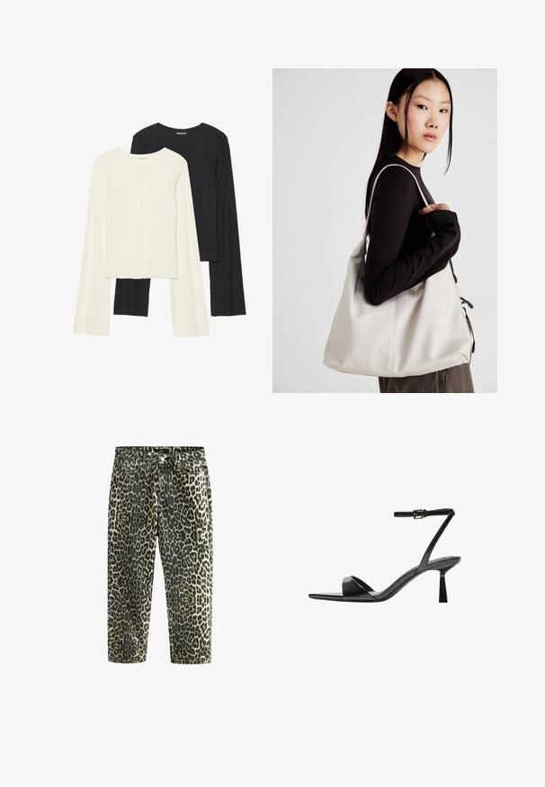 Set di due maglie a maniche lunghe, bianche e nere. Texture a coste, scollo tondo, design aderente con maniche leggermente svasate.; Jeans in denim con stampa leopardata, a vita alta e gamba dritta, con motivi in beige scuro e chiaro, stile a cinque tasche e accessori in metallo.; Bershka Sandali con tacco - black; Borsa a mano beige realizzata in materiale morbido, caratterizzata da un design morbido, dettagli cuciti e due manici. Adatta per l'uso quotidiano.