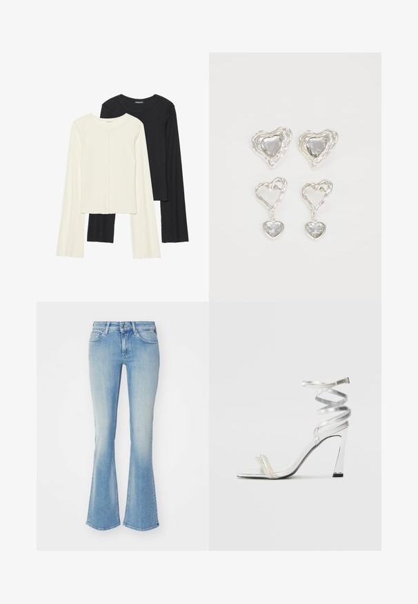 Set of two long-sleeve tops in white and black. Ribbed texture, round neck, fitted design with slightly flared sleeves.; Light blue flared jeans in faded denim with five pockets, a zip fly, and belt loops. The fabric has a smooth, slightly textured finish.; Silver high-heeled sandal with a shiny strap design, featuring a pearl-like accent and a spiraled ankle strap for secure fit.; Silver heart-shaped earrings feature faceted clear stones, with a textured frame. The set includes stud and drop styles.
