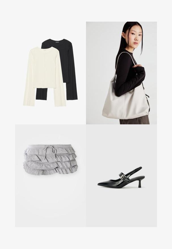 Nabor dveh dolgih rokavov v beli in črni barvi. Žameten vzorec, okrogla ovratnica, prilegajoča zasnova z rahlo razširjenimi rokavi.; Siva nabrana krila z večplastnim dizajnom tkiva, pas s vrvico, mehak tekstur, dokončane robove in kaskadni naborki.; Črne patent usnjene slingback pete s koničastim nosom in majhnim blok peto, ki vključujejo srebrno zaponko na traku.; Bežna torbica iz mehkega materiala, z ohlapno zasnovo, šivi in dvema naramnicama. Primerna za vsakodnevno uporabo.