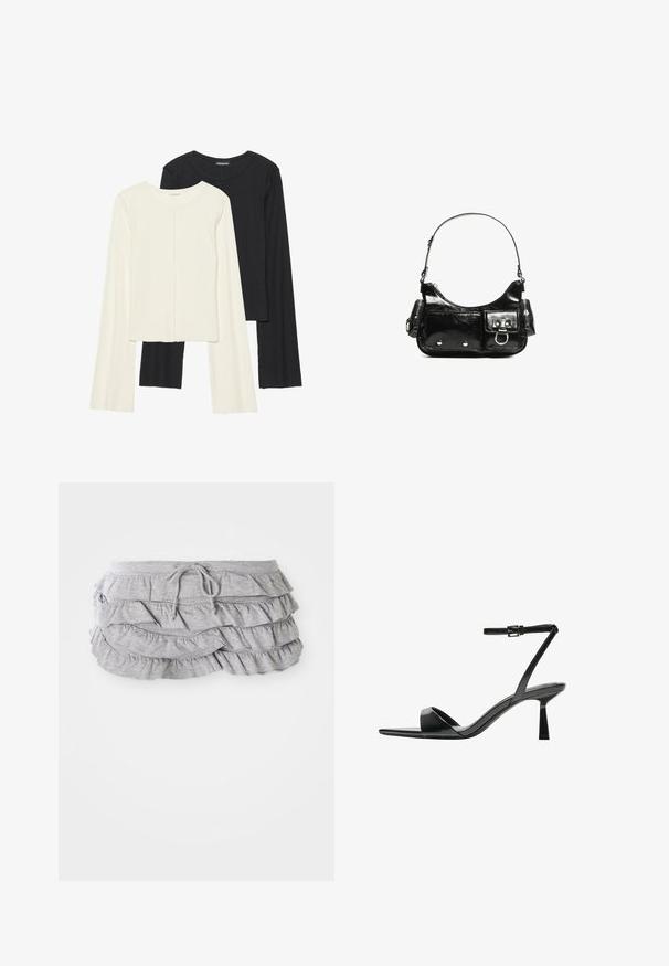 Set de două bluze cu mâneci lungi, una albă și una neagră. Textură ribbată, decolteu rotund, design ajustat cu mâneci ușor evazate.; Fustă gri cu volane, design din țesături stratificate, talie cu șnur, textură moale, margini finisate și volane care se cascază.; Bershka Sandale cu toc - black; Geantă de mână din piele lăcuită neagră, cu o formă curbată, un umăr, buzunare frontale și accente din metal argintiu.