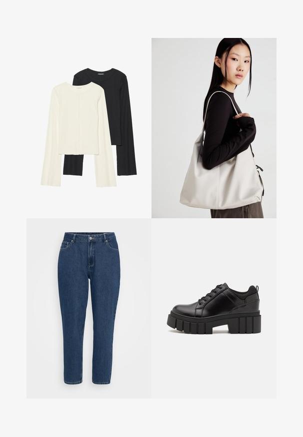Set aus zwei Langarmoberteilen in Weiß und Schwarz. Rippstruktur, Rundhalsausschnitt, figurbetontes Design mit leicht ausgestellten Ärmeln.; Dunkelblaue, hochgeschnittene, gerade Jeans aus Denim mit Fronttaschen, Gürtelschlaufen, Metallknopf und Reißverschluss auf weißem Hintergrund.; Schwarze Lederplateauschuhe mit klobigem Blockabsatz, runder Zehenpartie und traditionellem Schnürdesign. Verfügt über eine glatte Textur und minimale Details.; Beige Handtasche aus weichem Material, mit einem lässigen Design, gesteppten Details und zwei Schulterriemen. Geeignet für den täglichen Gebrauch.