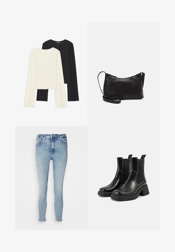 Kaksik Eri pikkusega valge ja musta värvi pikkade varrukatega topsi. Ribikstruktuur, ümar kaelus, lihav disain, veidi laienevate varrukatega.; Heledad hallikas teksapüksid, mis on slim-fit lõikega, viie taskuga disainiga, lukuga ja veidi pleekinud esiosaga. Äär on pahkluudes pööratud.; Must musta Chelsea saapad, millel on paks konts, elastsed külgpaneelid ja kontrastne valge õmblus. Tekstuuriga viimistlus.; Mustmust nahk õlakotil on sile tekstuur, kumer kuju, reguleeritav rihm ja lukuga sulgemine. Minimalistlik disain ilma kaunistusteta.