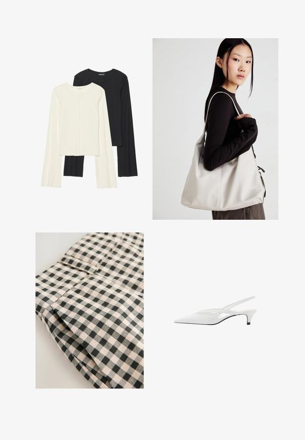 Set van twee longsleeve tops in wit en zwart. Geribbelde textuur, ronde hals, aansluitend ontwerp met licht uitlopende mouwen.; Zwart en beige geblokt stof met een gladde textuur. Detail toont een gevouwen sectie met een zak en nette afwerk lijnen.; Witte slingback hak met spitse neus, voorzien van een gladde bovenkant, subtiele uitsparingen en een lage blokhak. Zwarte zool accentueert het ontwerp.; Beige handtas gemaakt van zacht materiaal, met een slonzig ontwerp, gestikte details en twee schouderbanden. Geschikt voor dagelijks gebruik.