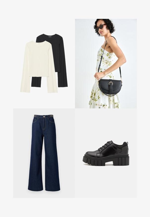 Nabor dveh dolgih rokavov v beli in črni barvi. Žameten vzorec, okrogla ovratnica, prilegajoča zasnova z rahlo razširjenimi rokavi.; Široke temno modre kavbojke imajo visok pas, zlate verige kot dodatke ob pasu in kontrastne šive po celotni dolžini.; Črne usnjene platforme z debelim blokastim petam, okroglo konico in klasičnim vezanjem. Imajo gladko teksturo in minimalne podrobnosti.; Črna usnjena torbica s ukrivljeno obliko, z odstranljivo naramnico in zlatimi dodatki. Torbica ima pokrov s podrobnostmi v obliki zaponke.