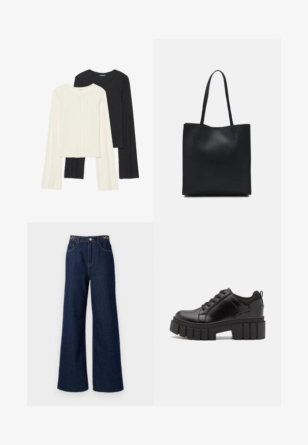 Sett med to langermede topper i hvit og svart. Ribbete tekstur, rund hals, tettsittende design med lett utsvingte ermer.; Viddebenede mørkeblå denimjeans har høy midje, gullkjede-detaljer i livet og kontrasterende stingdetaljer gjennom hele.; Svarte lærplattformsko med kraftig blokkhell, rund tå og tradisjonell snøring. Har en jevn tekstur og minimal detaljering.; Svart lær tote bag med glatt tekstur, rektangulær form og to lange håndtak. Ingen synlige deler eller dekorasjoner.