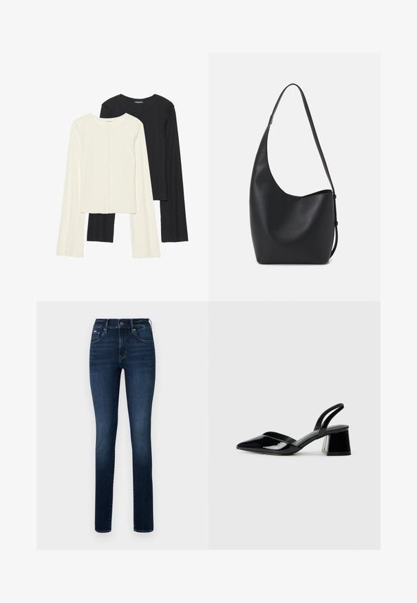 Két darabból álló hosszú ujjú felsők szettje fehér és fekete színben. Bordás textúra, kerek nyakkivágás, testhez simuló fazon, enyhén bővülő ujjakkal.; Sötétkék farmernadrág, egyenes szárú fazonnal, öt zsebes kialakítással és gombos záródással a deréknál.; Fekete lakk bőr szandálkés magas sarkú cipő, hegyes orral és geometrikus tömbsarkakkal. Karcsú, minimalista dizájn és sima textúra jellemzi.; Fekete bőr hobo táska sima textúrával, ívelt formával és egyetlen állítható pánttal; széles nyílás található a tetején.