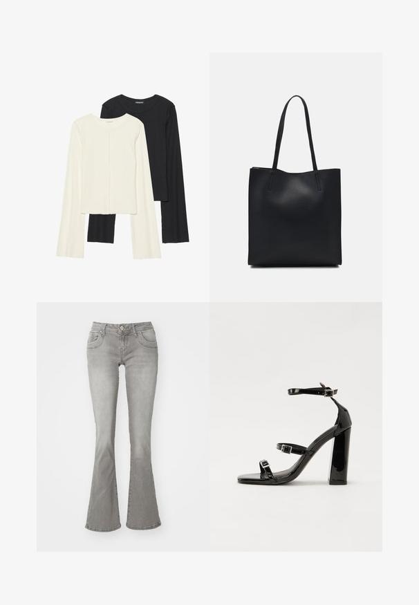 Sett med to langermede topper i hvit og svart. Ribbete tekstur, rund hals, tettsittende design med lett utsvingte ermer.; Grå flarejeans med midjehøyde, frontlommer og knapplukking, laget av denimstoff med en jevn tekstur.; Svart høyglans sandaler med hæl, firkantet tå, ankelremmer og sølvspenner. Har en kraftig blokkhæl for stabilitet.; Svart lær tote bag med glatt tekstur, rektangulær form og to lange håndtak. Ingen synlige deler eller dekorasjoner.