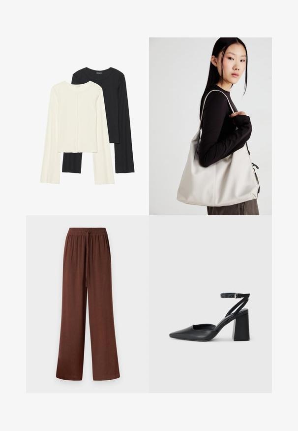 Conjunto de duas blusas de manga longa em branco e preto. Textura canelada, decote redondo, design ajustado com mangas ligeiramente evasê.; Calças largas castanhas com um cós elástico e detalhe de cordão. Feitas de um tecido leve e suave, com uma textura lisa.; Sandal com biqueira afilada em couro preto, com cinta no tornozelo e salto grosso. Textura lisa, design elegante e estética minimalista.; Uma bolsa bege feita de material macio, com um design descontraído, detalhes de costura e duas alças para o ombro. Adequada para uso diário.