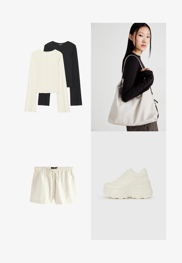 Set de două bluze cu mâneci lungi, una albă și una neagră. Textură ribbată, decolteu rotund, design ajustat cu mâneci ușor evazate.; Pantaloni scurți de culoare crem deschis, cu dungi verticale albastre, confecționați dintr-un material moale, având un tiv elastic cu șnur și buzunare laterale.; Adidași platformă albi, cu un superior neted asemănător cu pielea, formă rotunjită, guler căptușit și talpă din cauciuc texturată cu borduri bine definite.; Geantă bej din material moale, cu un design lejer, detalii cusute și două bretele pentru umăr. Potrivită pentru utilizarea zilnică.