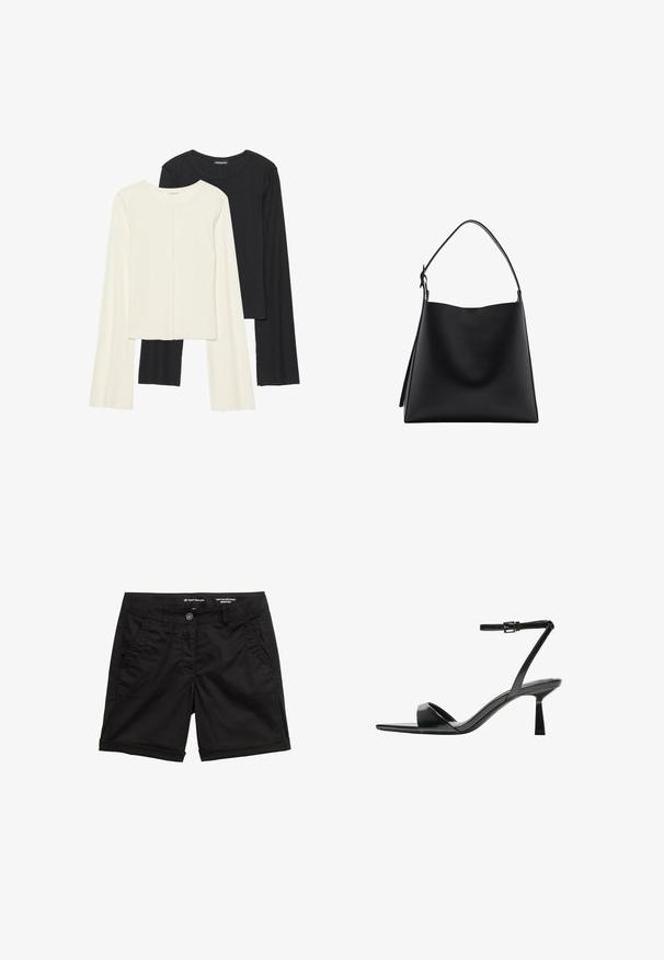 Ensemble de deux hauts à manches longues en blanc et noir. Texture côtelée, col rond, design ajusté avec des manches légèrement évasées.; Bermuda shorts noirs en coton mélangé, dotés d'une fermeture à bouton, de deux poches avant et d'un ourlet roulé. Texture lisse, design classique.; Bershka Sandales à talons hauts - black; Sac à main en cuir noir avec une texture lisse, un design minimaliste et une seule sangle d'épaule incurvée. Ouverture sur le dessus, sans matériel visible.