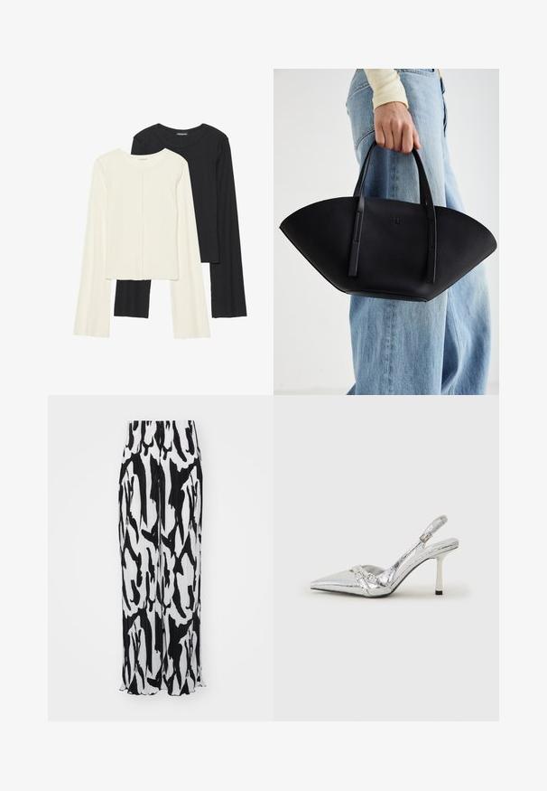 Nabor dveh dolgih rokavov v beli in črni barvi. Žameten vzorec, okrogla ovratnica, prilegajoča zasnova z rahlo razširjenimi rokavi.; Črno-bela široka hlače s plissiranjem, ki prikazujejo abstraktni vzorec, teksturirano tkanino in subtilno ukrivljen rob na dnu.; Srebrna slingback visoka peta čevlja s špičastim nosom, metalnim finišem, dvema dekorativnima trakama in tanko peto z črnim vrhom.; Črna usnjena torbica z edinstveno obliko ventilatorja, z ravnimi ročaji. Površina ima teksturo z drobnimi kamni in minimalističen dizajn.