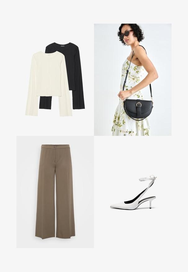 Conjunto de duas blusas de manga longa em branco e preto. Textura canelada, decote redondo, design ajustado com mangas ligeiramente evasê.; Calças largas em tecido castanho sólido, com fecho de botão, frente lisa e textura suave, projetadas para um ajuste relaxado.; Sapatos de salto alto brancos com biqueira fina e tiras de calcanhar. Material de couro liso, salto agulha fino e forro interior preto.; Bolsa de couro preta com forma curva, alça destacável e detalhes em dourado. A bolsa possui uma aba com detalhe de fivela.