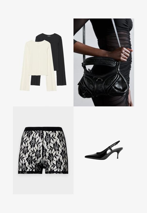 Két darabból álló hosszú ujjú felsők szettje fehér és fekete színben. Bordás textúra, kerek nyakkivágás, testhez simuló fazon, enyhén bővülő ujjakkal.; Fekete csipkés rövidnadrág, virágmintával és kontrasztos, egyszínű fekete derékkal. Átlátszó dizájn, puha tapintással, combközép hosszúságban.; Fekete lakk bőr slingback magassarkú cipő, hegyes orral, nyitott oldalvágásokkal, karcsú sarokkal és állítható boka pánttal.; Fekete bőrtáska perforált textúrával, ívelt dizájnnal és kerek fogantyúval. Kiegészítőként egy fényes, kör alakú hardver elem található.