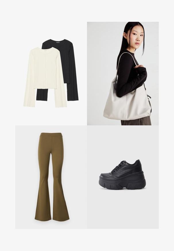 Divu garo piedurkņu tops komplekts baltā un melnā krāsā. Ribota tekstūra, apaļš kakls, pieguļoša dizaina ar nedaudz izplestām piedurknēm.; Augstas jostas flared bikses olīvzaļā krāsā. Izgatavotas no elastīga auduma, ar gludu tekstūru un plašu zvana apakšu no ceļa uz leju.; Melni šņorējami sporta apavi ar biezu zoli, ar gludu ādas augšdaļu, noapaļotu purngalu un izteiktu slāņveida platformas dizainu.; Bežs rokassoma, izgatavota no mīksta materiāla, ar brīvu dizainu, izšūtu apdari un divām plecu siksnām. Piemērota ikdienas lietošanai.