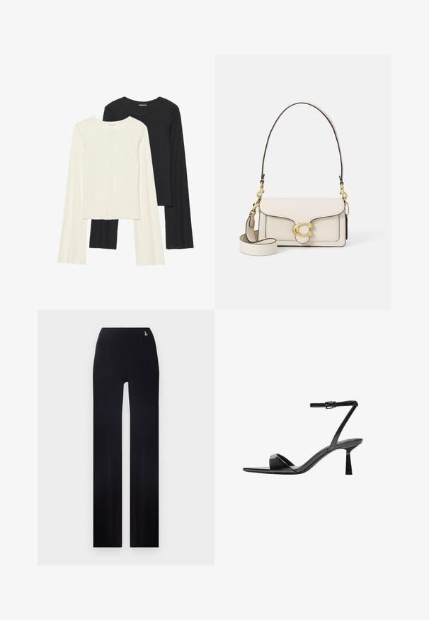Nabor dveh dolgih rokavov v beli in črni barvi. Žameten vzorec, okrogla ovratnica, prilegajoča zasnova z rahlo razširjenimi rokavi.; Črne hlače ravne kroja z visokim pasom, diskretnimi naborki spredaj, gladko teksturo in kovinskim logotipom v bližini pasu.; Bershka Sandali z visoko peto - black; Kremasta usnjena torbica s strukturo, kontrastnimi črnimi robovi, z zlatim okovjem in snemljivim trakom, ki ima podpisani logotip.
