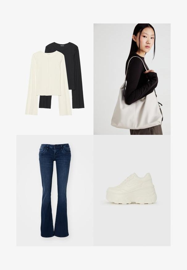 Set of two long-sleeve tops in white and black. Ribbed texture, round neck, fitted design with slightly flared sleeves.; Dark blue flared jeans made from denim, featuring front pockets, a button closure, and a smooth texture.; White platform sneakers featuring a smooth leather-like upper, rounded shape, padded collar, and textured rubber sole with defined treads.; Beige handbag made of soft material, featuring a slouchy design, stitched detailing, and two shoulder straps. Suitable for everyday use.