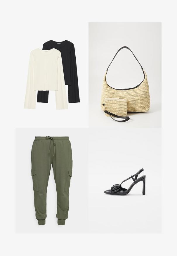 Set aus zwei Langarmoberteilen in Weiß und Schwarz. Rippstruktur, Rundhalsausschnitt, figurbetontes Design mit leicht ausgestellten Ärmeln.; Olivegrüne Sweatpants aus weichem Stoff, mit einem elastischen Bund und Kordelzug, schmal zulaufenden Bündchen und seitlichen Cargo-Taschen.; Schwarzer, hochhackiger Schuh mit spitzer Zehe, glänzender Textur, dünnen Riemen und einem dekorativen, gefältelten Detail an der Vorderseite.; Geflochtene Strohtasche mit geschwungener Silhouette, ausgestattet mit einem glatten schwarzen Ledergriff und einem passenden kleinen Beutel, der mit einem Handgelenkriemen befestigt ist.