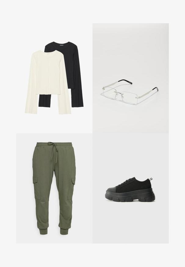 Set of two long-sleeve tops in white and black. Ribbed texture, round neck, fitted design with slightly flared sleeves.; Olive green sweatpants made from soft fabric, featuring an elastic waistband with drawstring, tapered cuffs, and side cargo pockets.; Black sneakers with a chunky rubber sole, textured fabric upper, round toe, and lace-up design. Features reinforced eyelets and back pull tab.; Rectangular, clear-lensed glasses with a thin silver metal frame and black acetate tips. Features minimal hardware for a sleek design.; Beige handbag made of soft material, featuring a slouchy design, stitched detailing, and two shoulder straps. Suitable for everyday use.