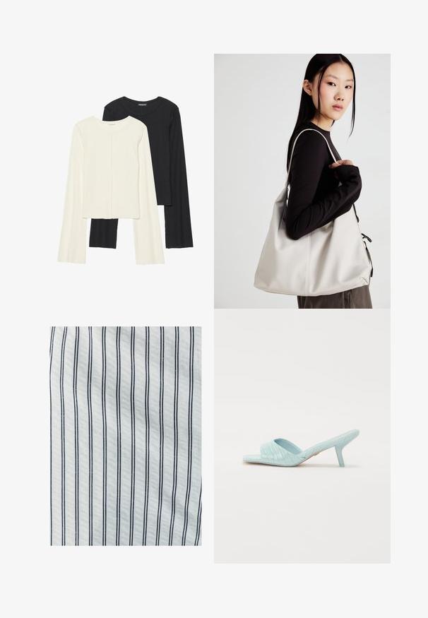 Divu garo piedurkņu tops komplekts baltā un melnā krāsā. Ribota tekstūra, apaļš kakls, pieguļoša dizaina ar nedaudz izplestām piedurknēm.; Kokvilnas audums ar vertikālām baltām un tumši zilām svītrām. Tā tekstūra ir gluda, ar vienmērīgu attālumu starp līnijām.; Gaiši zila augstpapēžu slidējoša sandale ar krokodila tekstūru, atvērtiem pirkstiem un šauru stiletto papēdi. Gluda spīdīga apdare bez apdarei.; Bežs rokassoma, izgatavota no mīksta materiāla, ar brīvu dizainu, izšūtu apdari un divām plecu siksnām. Piemērota ikdienas lietošanai.