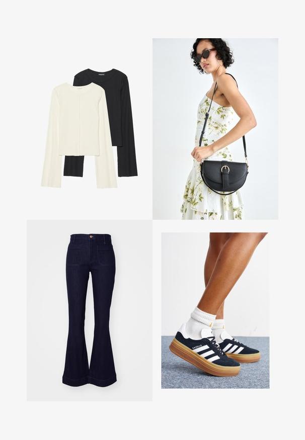 Divu garo piedurkņu tops komplekts baltā un melnā krāsā. Ribota tekstūra, apaļš kakls, pieguļoša dizaina ar nedaudz izplestām piedurknēm.; Tumši zili džinsi ar platām kājām, augsta vidukļa, divām aizmugurējām kabatām un izšuvuma detaļām pa šuvēm un apakšmalu.; Melnas zamšādas sporta kurpes ar baltām svītrām un akcentiem, apaļa purngala daļa, gumijas zole, kopā ar baltām ribotām sporta zeķēm.; Melnas ādas rokassoma ar izliekta formu, noņemamu siksnu un zelta aksesuāriem. Somai ir vāciņš ar sprādzes detaļu.