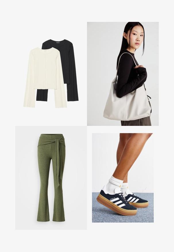 Súprava dvoch dlhých rukávov v bielej a čiernej farbe. Žebrovaná textúra, okrúhly výstrih, priliehavý strih s mierne rozšírenými rukávmi.; Olivovo zelené nohavice z mäkkej textílie s rozšírenými nohavicami. Majú charakteristický uzlový detail v oblasti vysokého pásu.; Čierne semišové tenisky s bielymi pruhmi a detailmi, so zaoblenou špičkou, podrážkou z gumovej gumy, doplnené bielymi rebrovanými ponožkami.; Béžová kabelka vyrobená z mäkkého materiálu, s uvoľneným dizajnom, prišitými detailmi a dvoma popruhmi na nosenie na pleciach. Vhodná na každodenné nosenie.