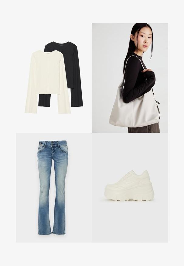 Dviejų ilgomis rankovėmis marškinėlių rinkinys, baltas ir juodas. Raukšlėta tekstūra, apvalus kaklas, prigludusi forma su šiek tiek platėjančiomis rankovėmis.; Bleikuoti džinsai, pagaminti iš denimo, su išblukusia danga, turintys plokščias raukšles, nusidėvėjimo detales ir dvi priekines kišenes su siuvinėjimu.; Baltos platformos sportbačiai su lygiu odos primenančiu paviršiumi, apvalia forma, paminkštintu apykakle ir tekstūruotu guminiu padu su ryškiais protektoriais.; Bežinė rankinė, pagaminta iš minkštos medžiagos, turinti laisvą dizainą, siuvinėtas detalės ir dvi petnešos. Tinkama kasdieniam naudojimui.