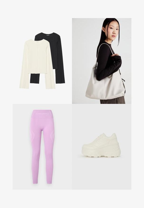 Set of two long-sleeve tops in white and black. Ribbed texture, round neck, fitted design with slightly flared sleeves.; Light purple leggings featuring a high waistband, textured side panels, and subtle logo detail on the front, made from stretchy fabric.; White platform sneakers featuring a smooth leather-like upper, rounded shape, padded collar, and textured rubber sole with defined treads.; Beige handbag made of soft material, featuring a slouchy design, stitched detailing, and two shoulder straps. Suitable for everyday use.