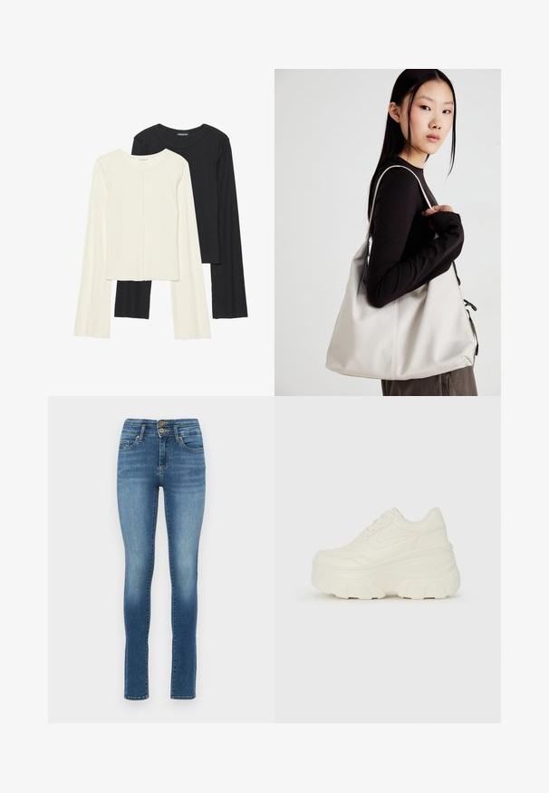 Két darabból álló hosszú ujjú felsők szettje fehér és fekete színben. Bordás textúra, kerek nyakkivágás, testhez simuló fazon, enyhén bővülő ujjakkal.; Kék farmer skinny farmernadrág magas derékkal, két elülső gombbal, enyhe kézeléssel és standard zsebekkel. Sima textúra, egyenes lábak.; Fehér platform sportcipők, sima bőrszerű felsőrésszel, kerek formával, párnázott bokával és texturált gumitalppal, jól definiált mintázattal.; Puha anyagból készült bézs kézitáska, laza dizájnnal, varrott részletekkel és két vállpánttal. Mindennapi használatra alkalmas.